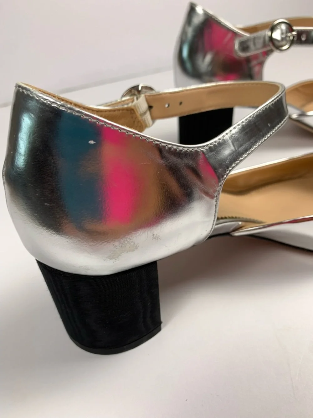 J.Crew Maisie Silver Leather Mary Jane Block Heels Black Cap Toe 9.5